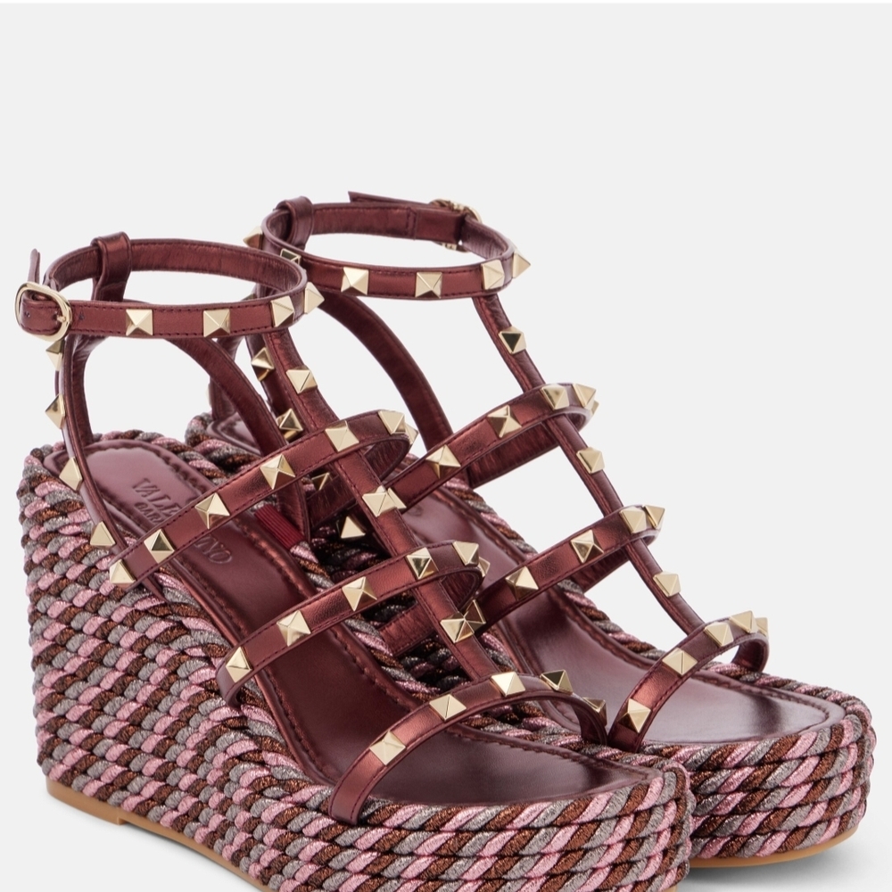 Valentino Garavani Metallic Burgundy and Pink Braided Rockstud Wedge Sandals